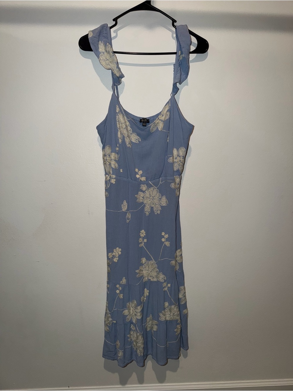 Lily Rose Dusty Blue Midi Dress with Cream Floral Embroidery
